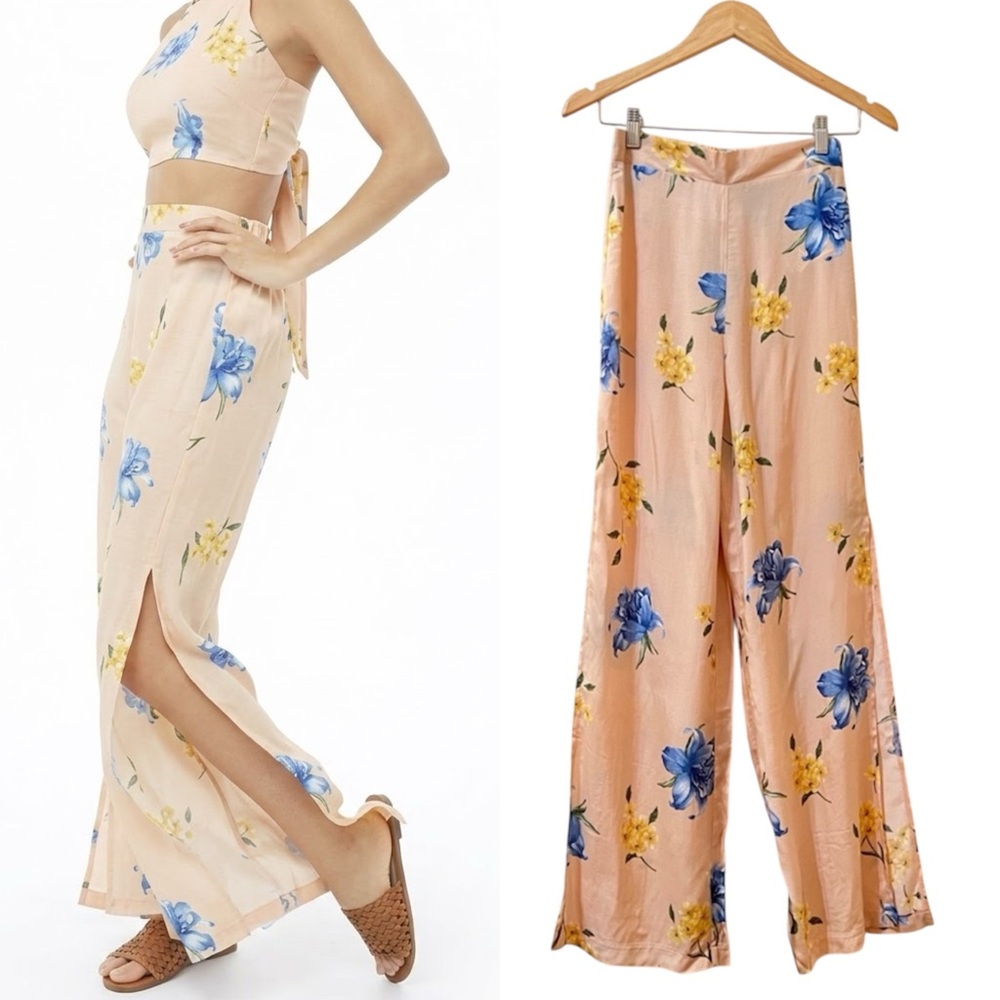 NEW F21 Peach/Blue Floral Print Woven Palazzo Pants w/ Side Slits
